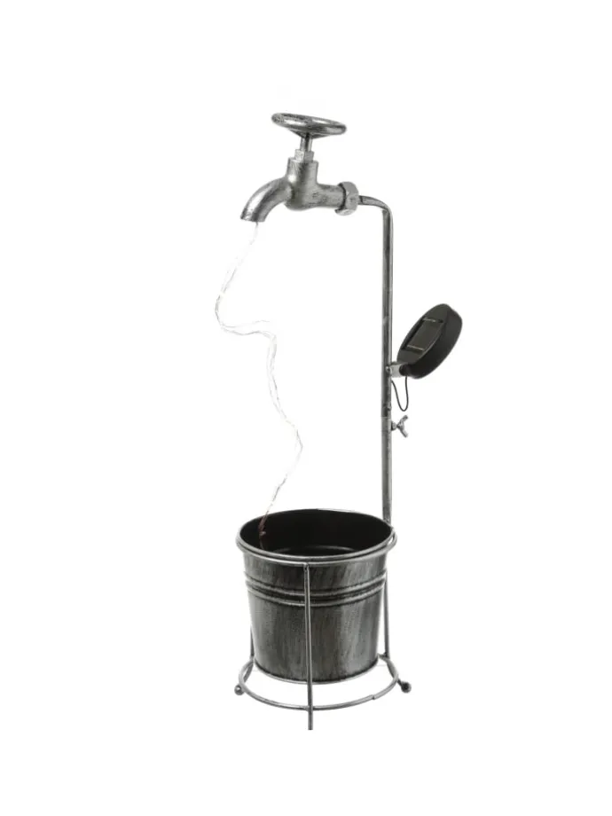 LED Solar Wasserhahn mit Blumentopf Gartendeko H: 60cm silber