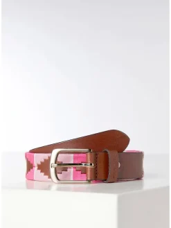 Leder-Gürtel in Hellbraun/ Pink - (L)130 cm