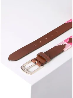 Leder-Gürtel in Hellbraun/ Pink - (L)130 cm