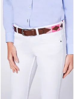 Leder-Gürtel in Hellbraun/ Pink - (L)130 cm
