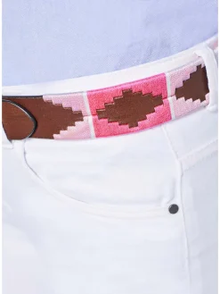 Leder-Gürtel in Hellbraun/ Pink - (L)130 cm