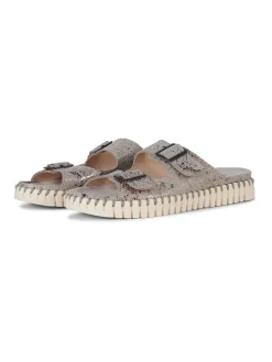 Leder-Pantoletten in Beige/ Gold