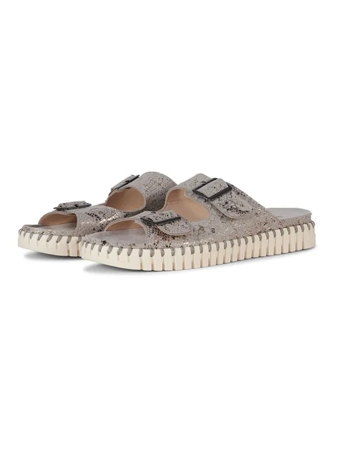 Leder-Pantoletten in Beige/ Gold