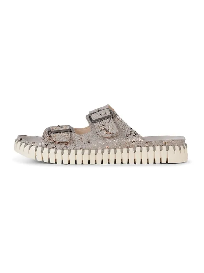 Leder-Pantoletten in Beige/ Gold