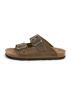 Leder-Pantoletten in Khaki