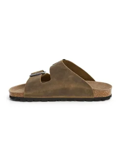 Leder-Pantoletten in Khaki