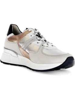 Leder-Sneakers in Grau/ Beige/ Silber