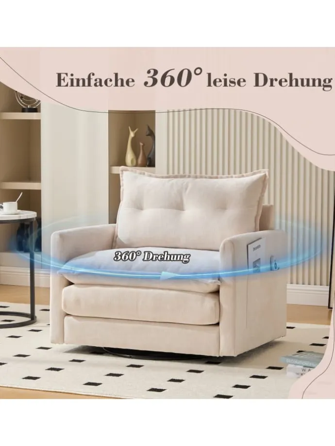 Loungesessel in Beige 360° drehbar mit Armlehnen und Kissen
