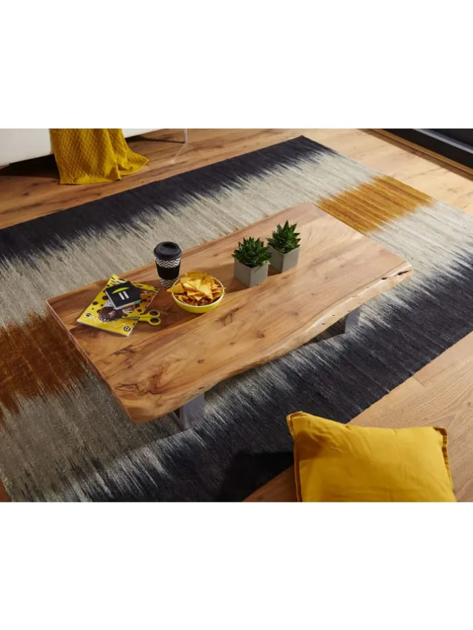Massiver Akazienholz Couchtisch, Landhausstil, stabile Metallbeine