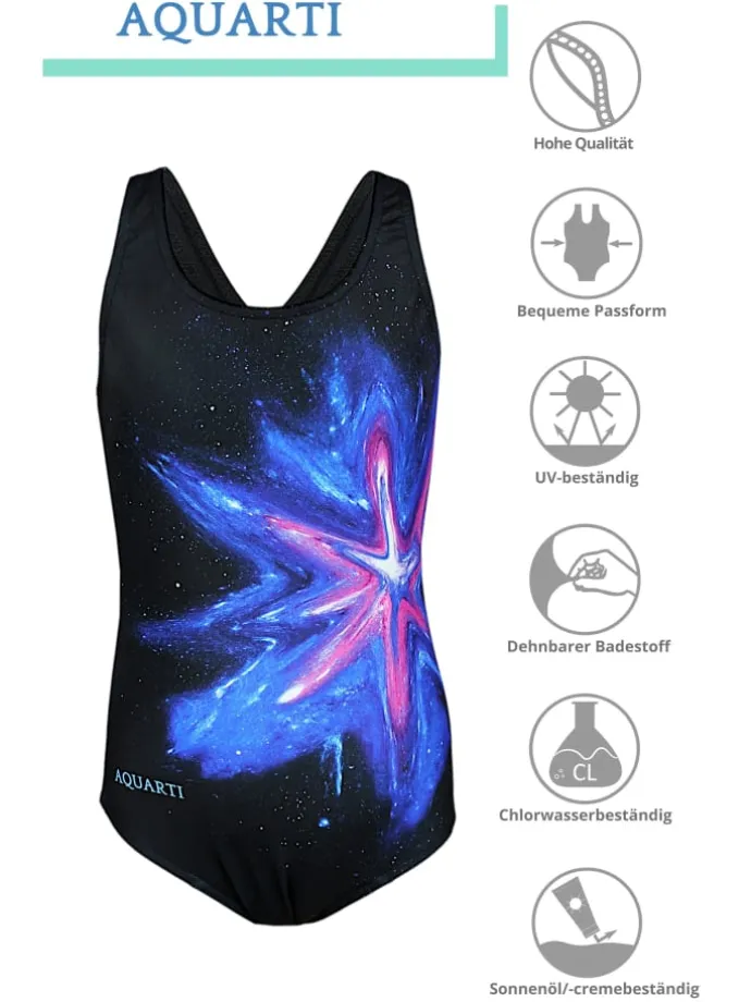 Mädchen Badeanzug Chlorresistent Muscleback Wassersport in schwarz/blau