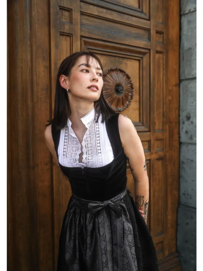 Midi Dirndl Evi Samt Schwarz in schwarz