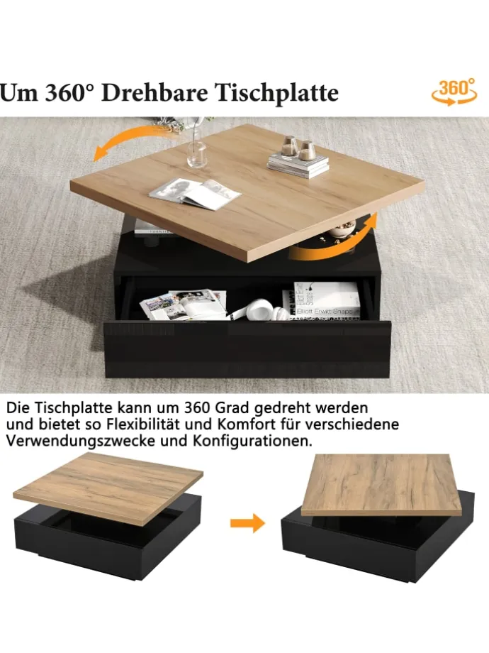 Multifunktionaler 360° schwenkbarer Couchtisch mit Stauraum in Schwarzer