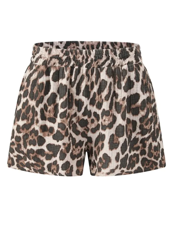 Musselin Shorts mit Leo-Print in Beige