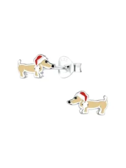 Ohrringe, Ohrstecker DACKEL mit Weihnachtsmütze in 925 Sterling Silber, 2-tlg.