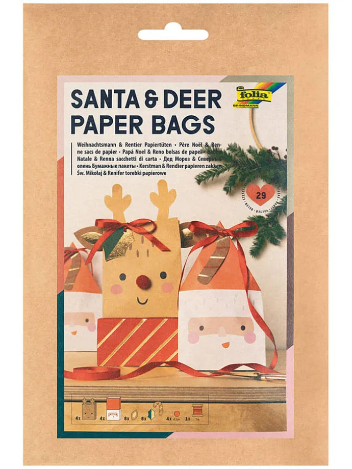 Papiertüten-Bastelset "Santa & Deer" in Beige/ Rot