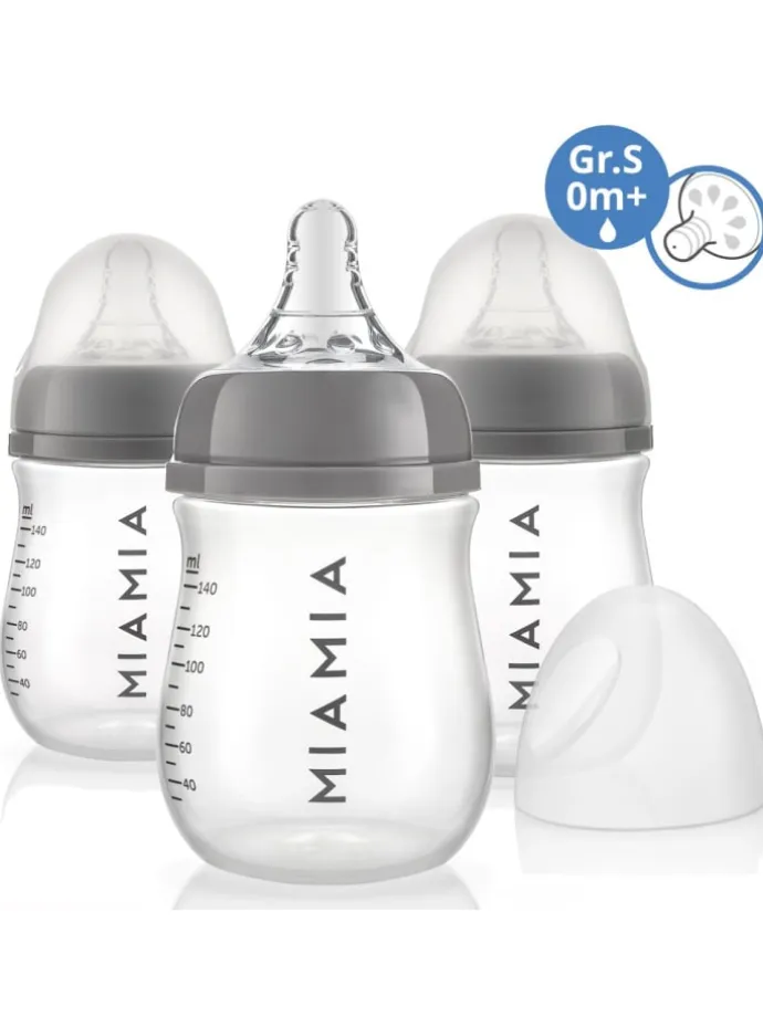 PP-Flasche 3er Pack 140 ml + Silikon-Trinksauger in grau