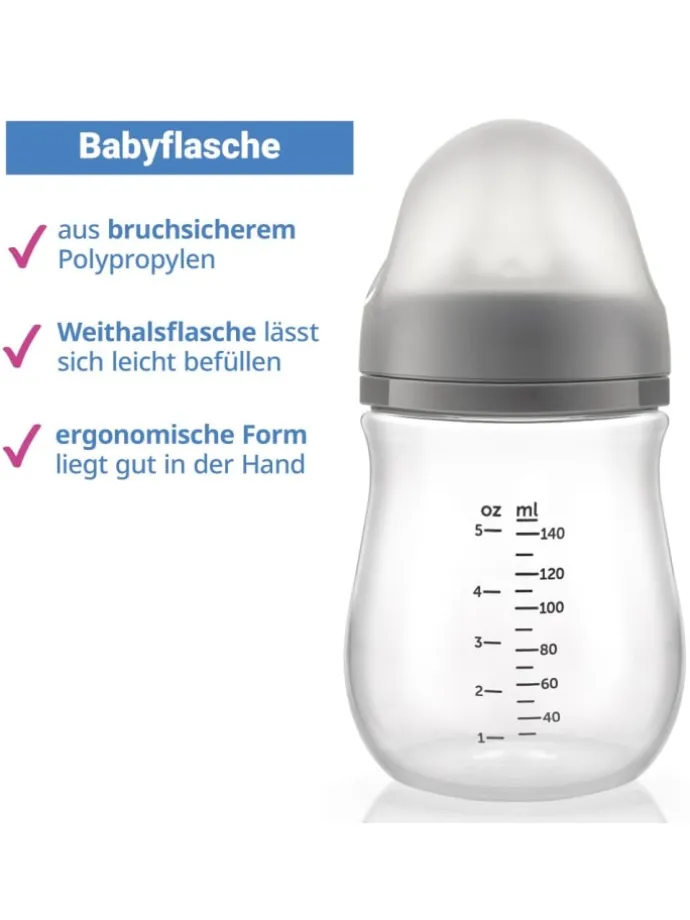 PP-Flasche 3er Pack 140 ml + Silikon-Trinksauger in grau
