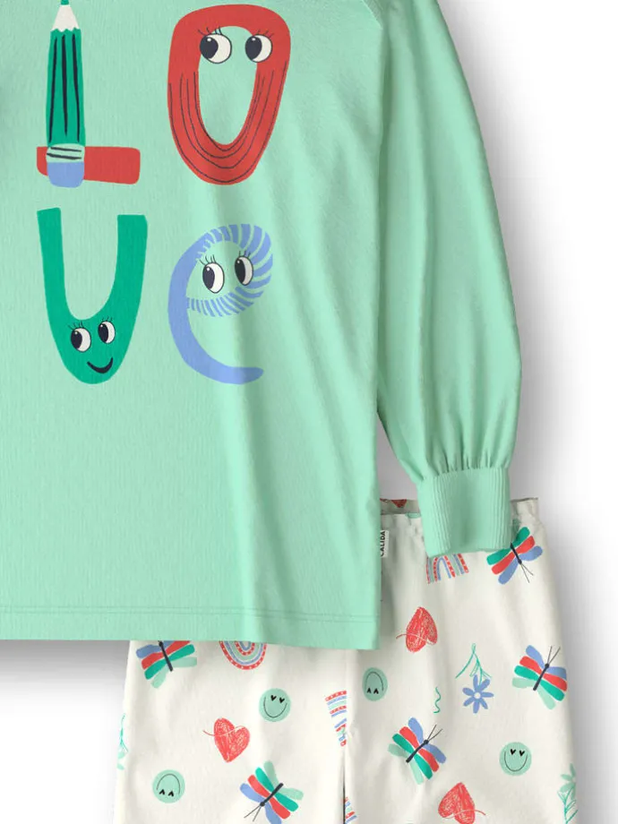 Pyjama in Grün/ Creme