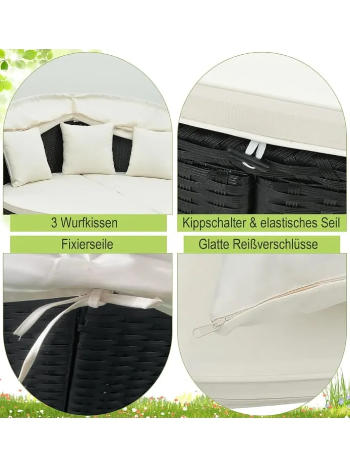 Rattan Sonneninsel mit Baldachin 187x180x157cm in Schwarz
