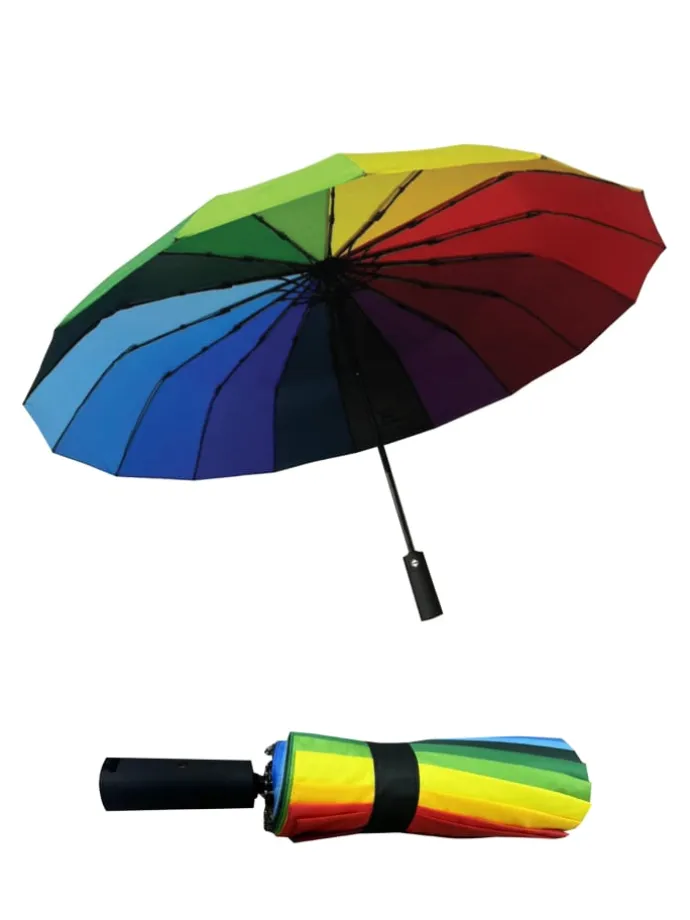 Regenbogen Taschenregenschirm mit Automatik & 16-facher Verstrebung in Schwarz