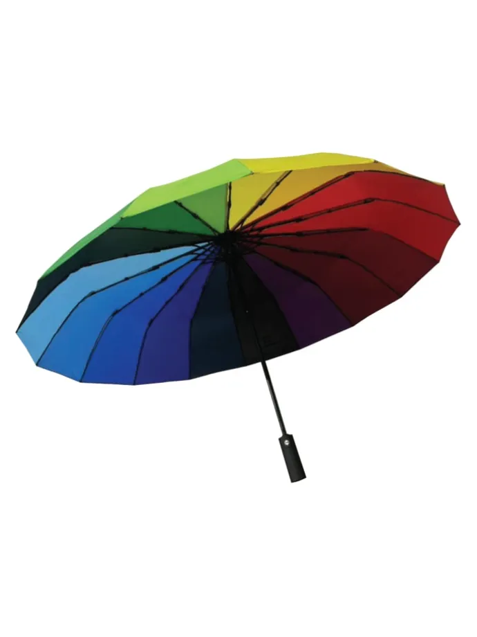 Regenbogen Taschenregenschirm mit Automatik & 16-facher Verstrebung in Schwarz