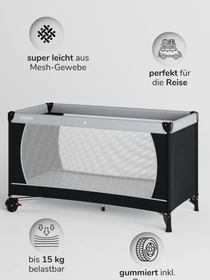Reisebett 60x120 cm - fold & go - mit Matratze Cloud Air, schwarz/grau