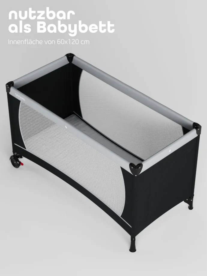 Reisebett 60x120 cm - fold & go - mit Matratze Basic, schwarz/grau