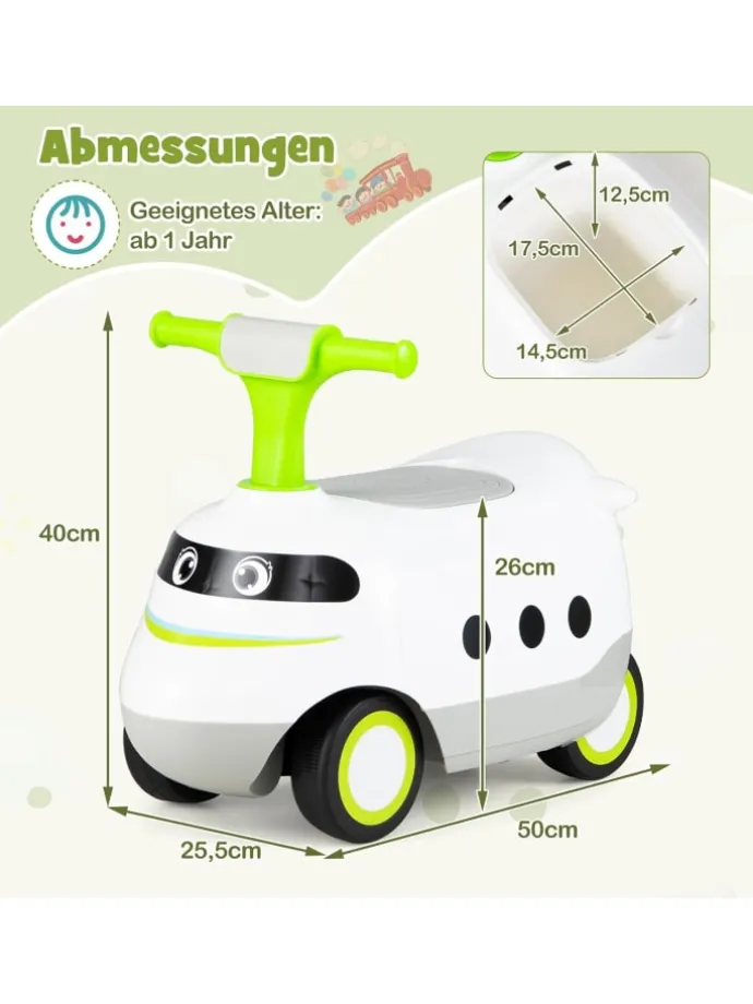 Rutschauto mit Hupe & Stauraum in Grün