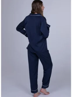 Schlafanzug in Satin-Optik mit Knopfleiste in blau