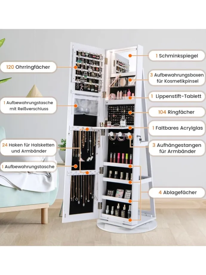 Schmuckschrank 3 in 1 drehbar in Weiß