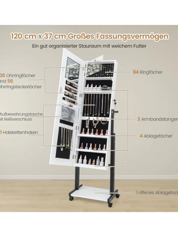 Schmuckschrank LED mit Rollen 4 in 1 in Weiß