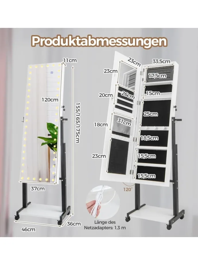 Schmuckschrank LED mit Rollen 4 in 1 in Weiß