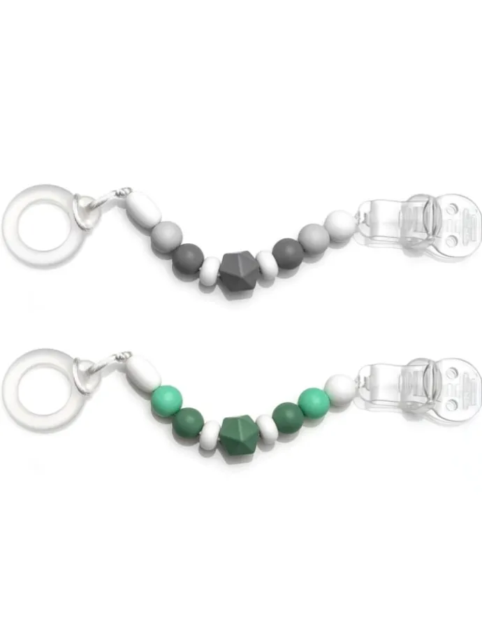 Schnullerkette mit Silikon-Perlen & Gummiring in gruen,grau