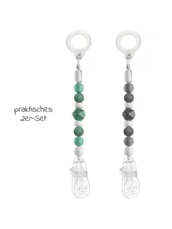 Schnullerkette mit Silikon-Perlen & Gummiring in gruen,grau