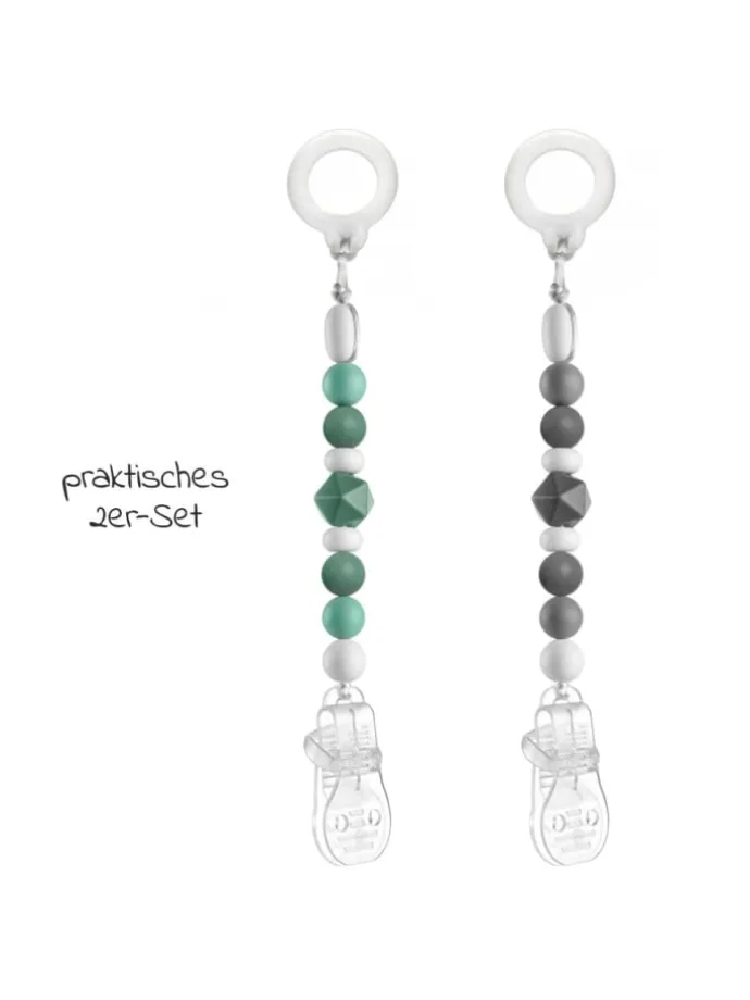Schnullerkette mit Silikon-Perlen & Gummiring in gruen,grau