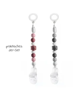 Schnullerkette mit Silikon-Perlen & Gummiring in rosa,grau