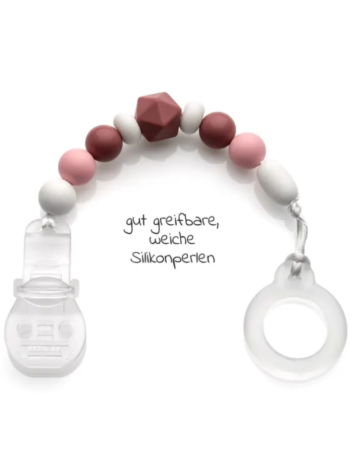 Schnullerkette mit Silikon-Perlen & Gummiring in rosa,grau