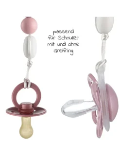 Schnullerkette mit Silikon-Perlen & Gummiring in rosa,grau