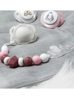 Schnullerkette mit Silikon-Perlen & Gummiring in rosa,grau