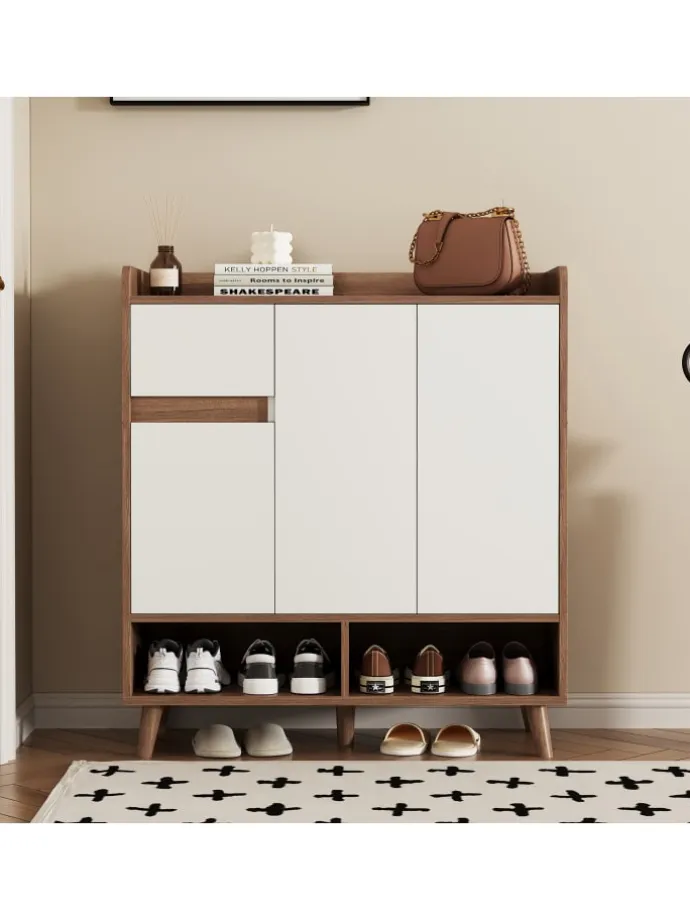 Schuhschrank in Natürlich mit verstellbaren Einlegeböden H99 B90 T35 cm