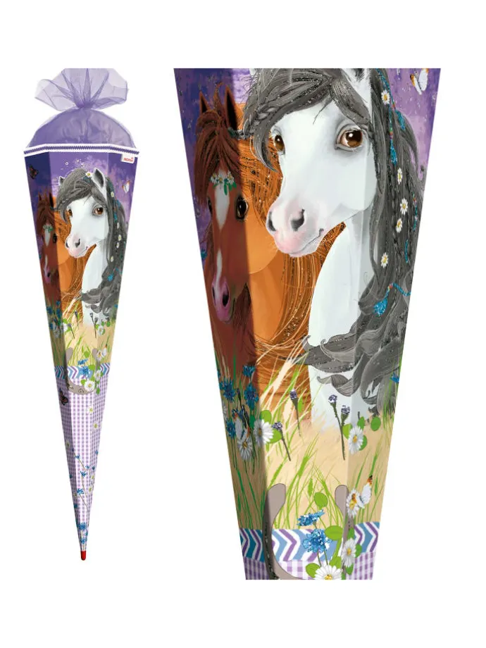 Schultüte groß Blumenpferde 85 cm, Glitter in Lila
