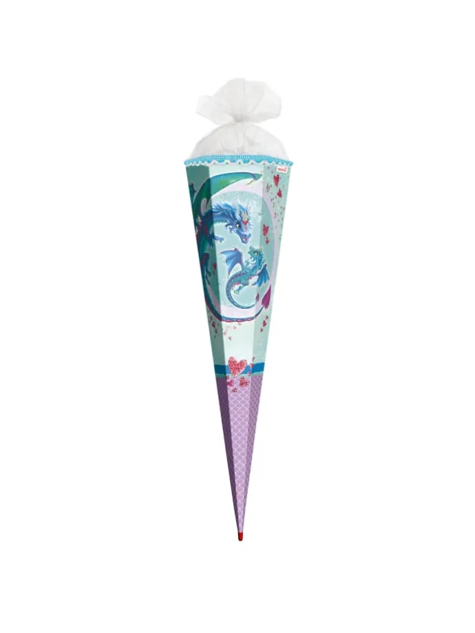 Schultüte groß Drachenliebe 85 cm, Glitter Pailettenborte in Hellblau