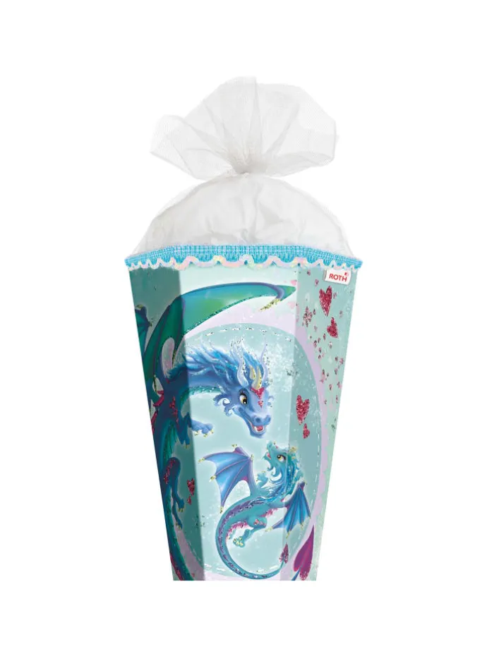 Schultüte groß Drachenliebe 85 cm, Glitter Pailettenborte in Hellblau