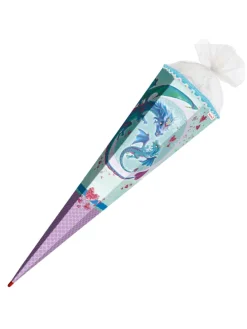 Schultüte groß Drachenliebe 85 cm, Glitter Pailettenborte in Hellblau