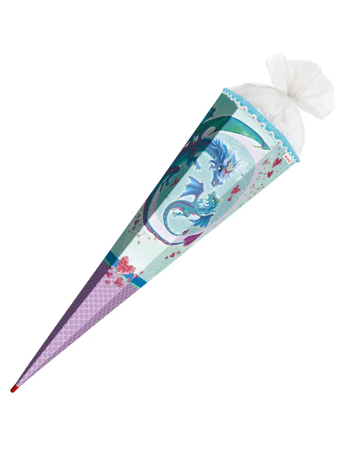 Schultüte groß Drachenliebe 85 cm, Glitter Pailettenborte in Hellblau