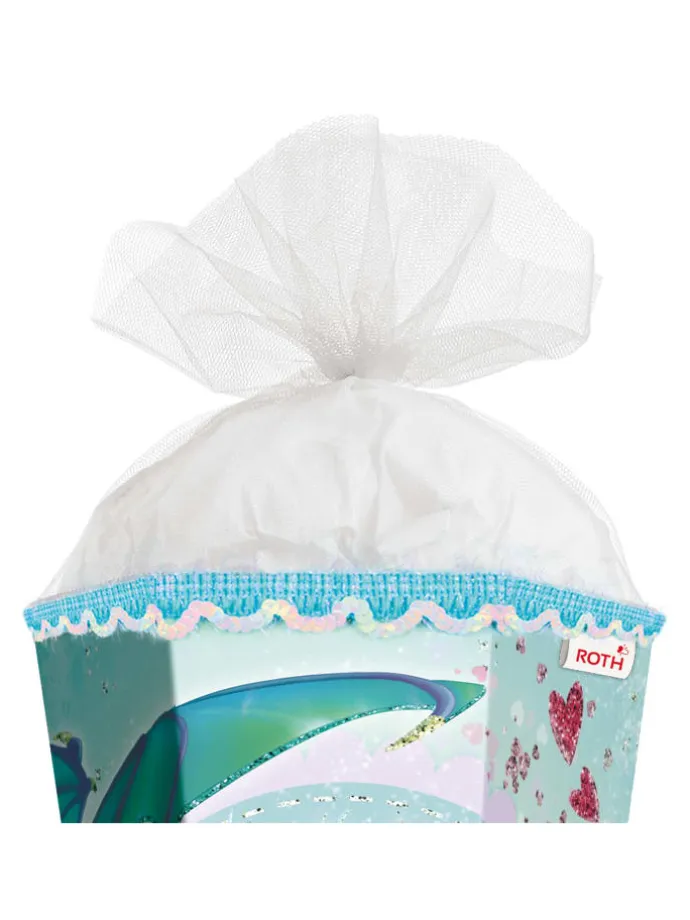 Schultüte groß Drachenliebe 85 cm, Glitter Pailettenborte in Hellblau