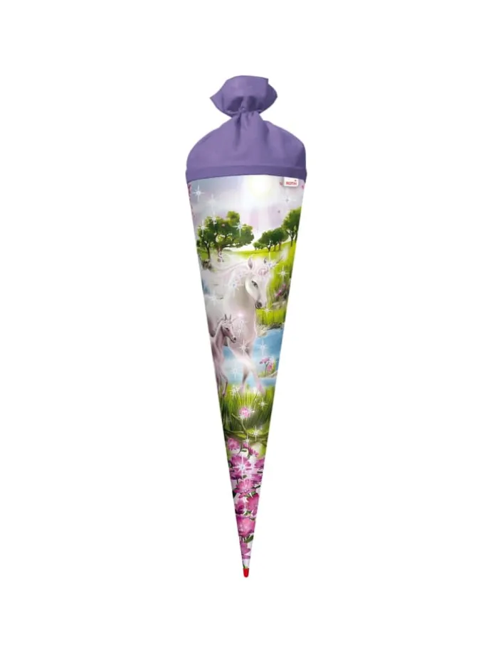Schultüte groß Einhorn mit Fohlen 70 cm, Glitter in Lila
