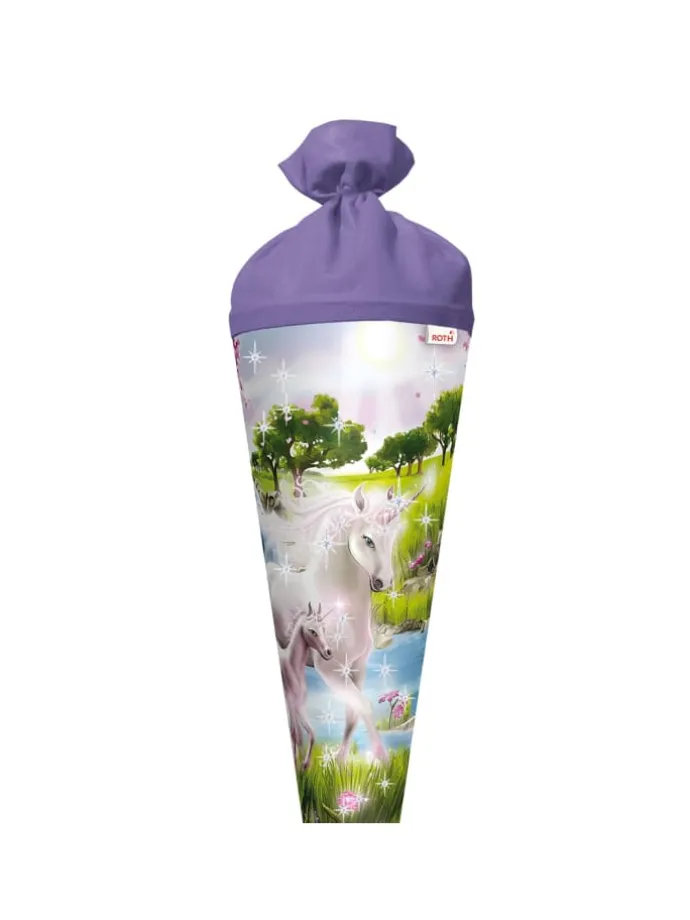 Schultüte groß Einhorn mit Fohlen 70 cm, Glitter in Lila