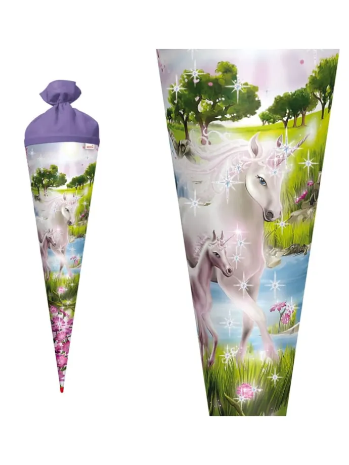 Schultüte groß Einhorn mit Fohlen 70 cm, Glitter in Lila