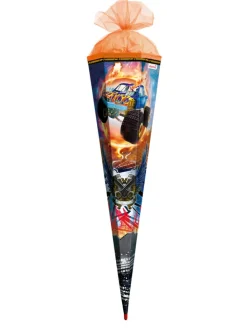 Schultüte groß Monstertruck Fire85 cm, Spezialborte Glanz in Orange